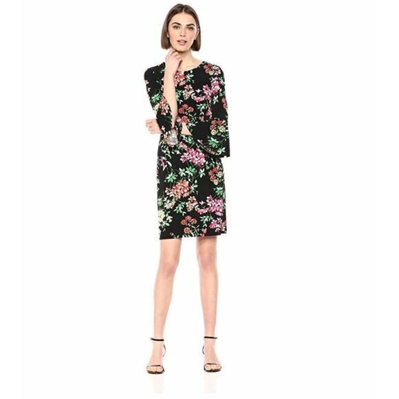 Tommy Hilfiger Black Multi Floral Print Bell Sleeve Shift Dress SZ 4 NWT $99 - Picture 1 of 2
